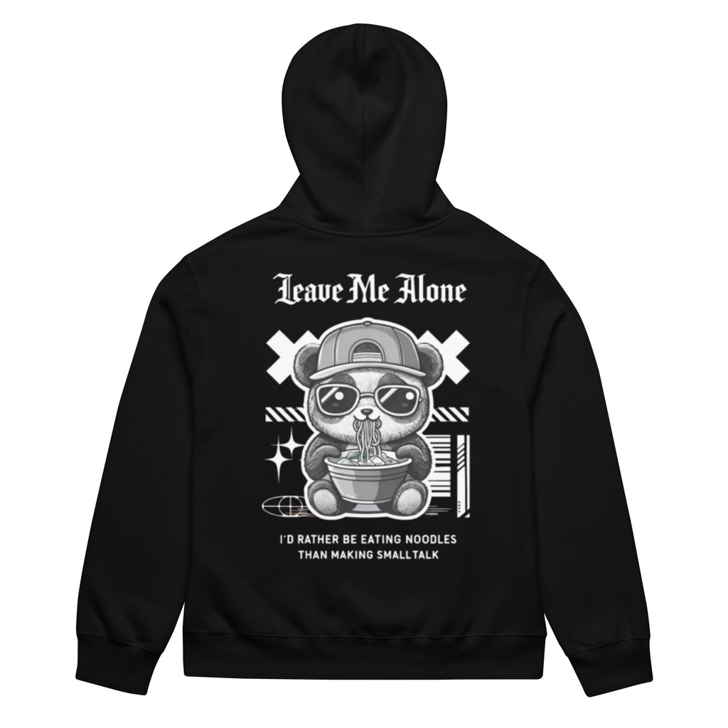 Black oversized streetwear hoodie with panda eating noodles graphic and “Leave Me Alone – I’d rather be eating noodles than making small talk” back print, unisex casual sweatshirt