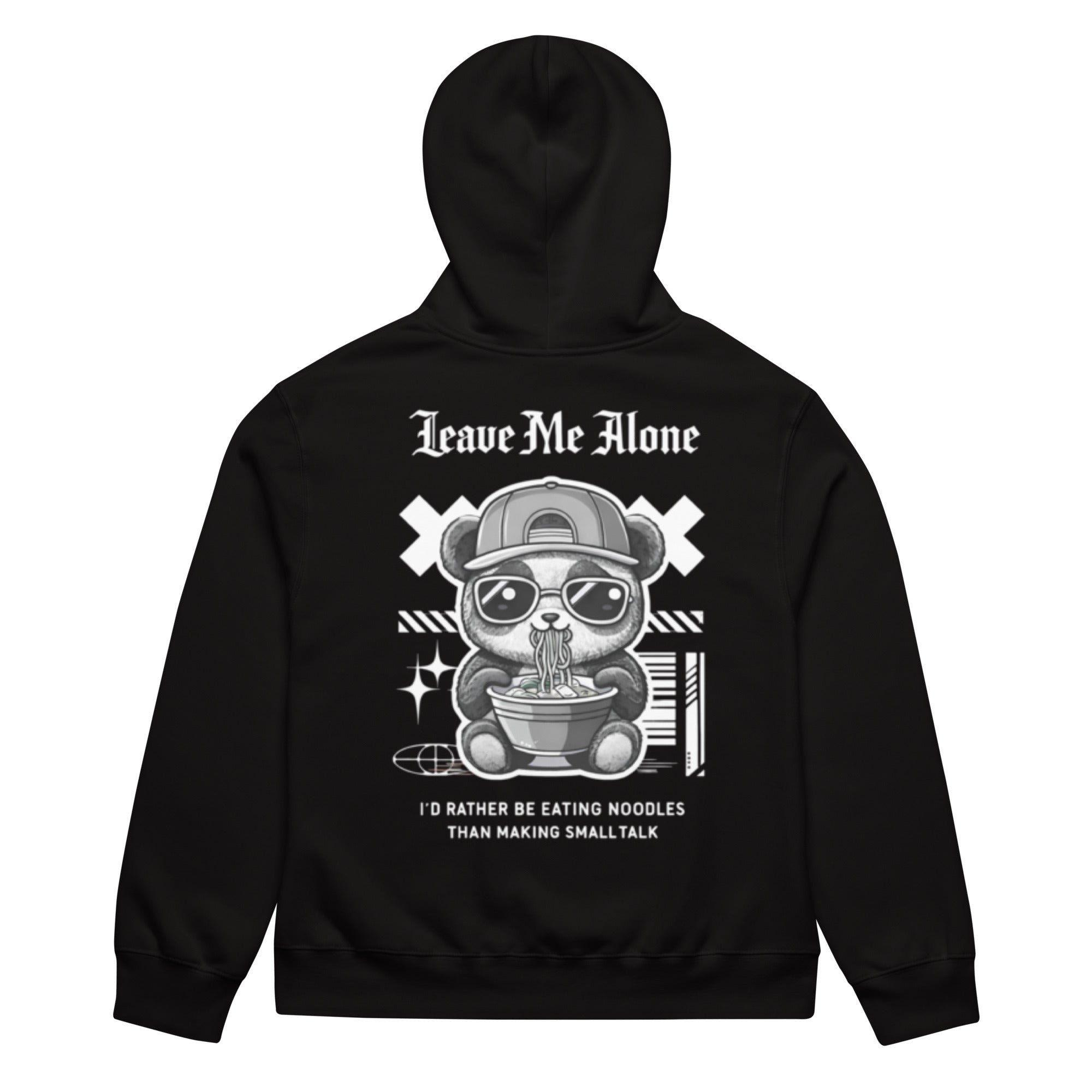 Black oversized streetwear hoodie with panda eating noodles graphic and “Leave Me Alone – I’d rather be eating noodles than making small talk” back print, unisex casual sweatshirt