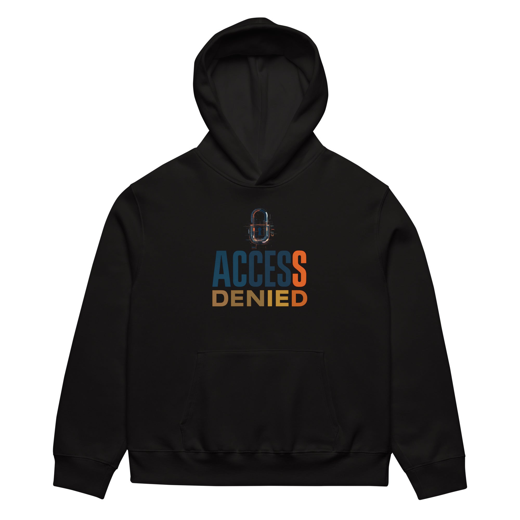 Black oversized graphic hoodie front view with “Access Denied” typography design