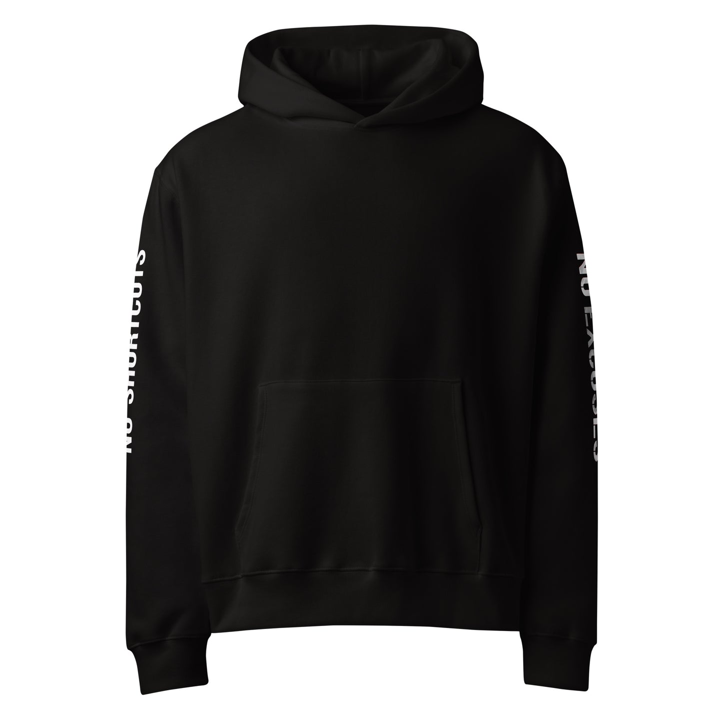Black unisex oversized streetwear hoodie front view with minimalist design and printed sleeves.