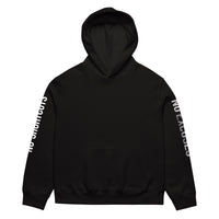 Black unisex oversized streetwear hoodie front view with minimalist design and printed sleeves.