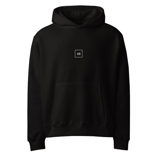 Black unisex hoodie front view, minimalist streetwear hoodie with clean design