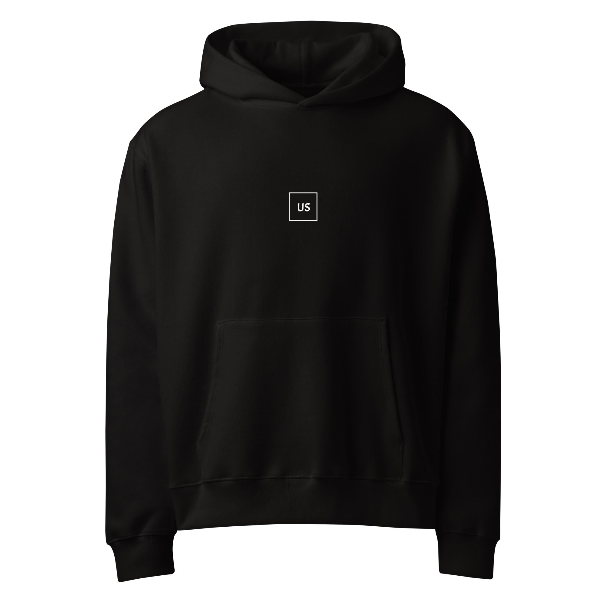 Black unisex hoodie front view, minimalist streetwear hoodie with clean design