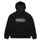 unisex streetwear hoodie front view with “compare just with yourself” motivational quote print

