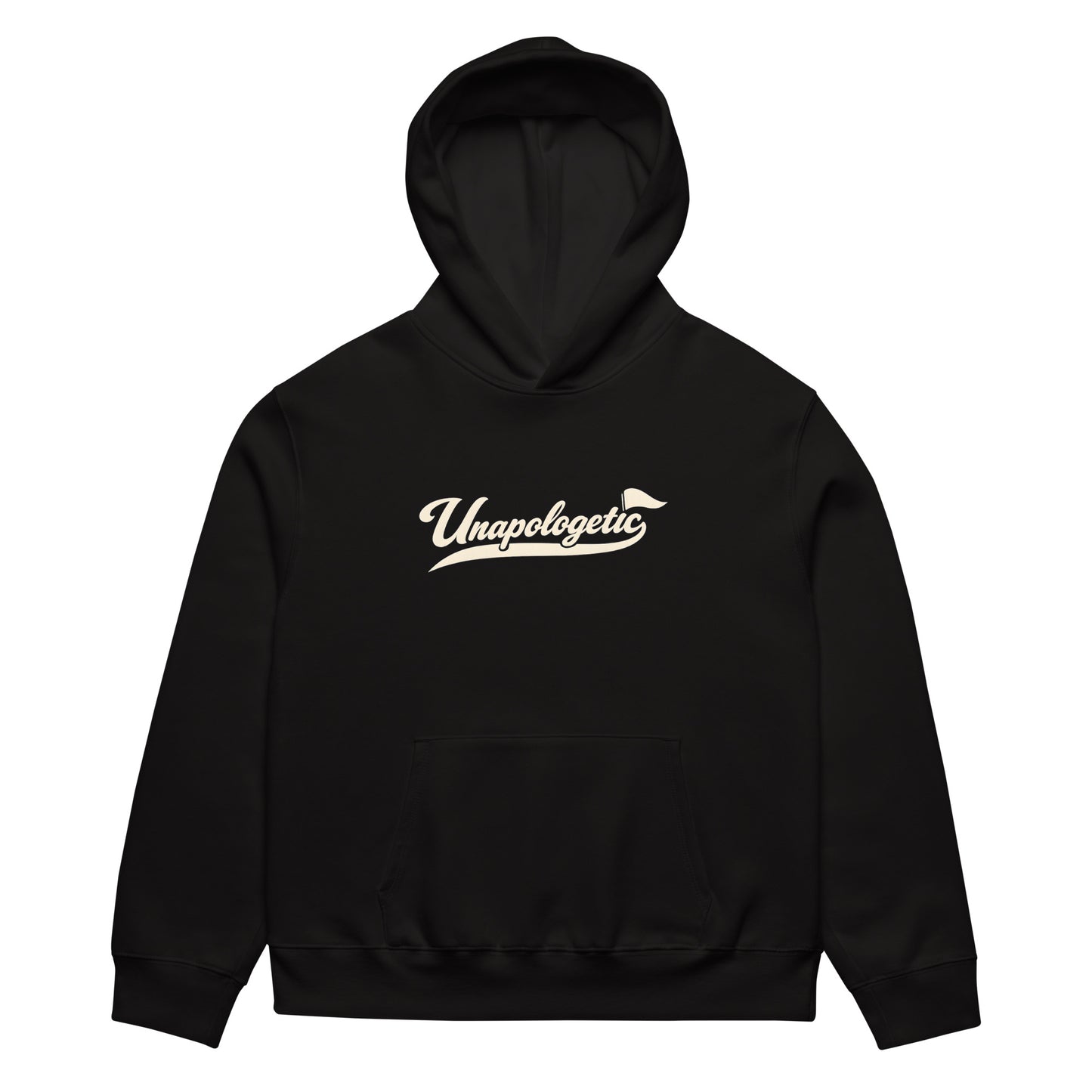 unisex streetwear hoodie front view with Unapologetic script logo
