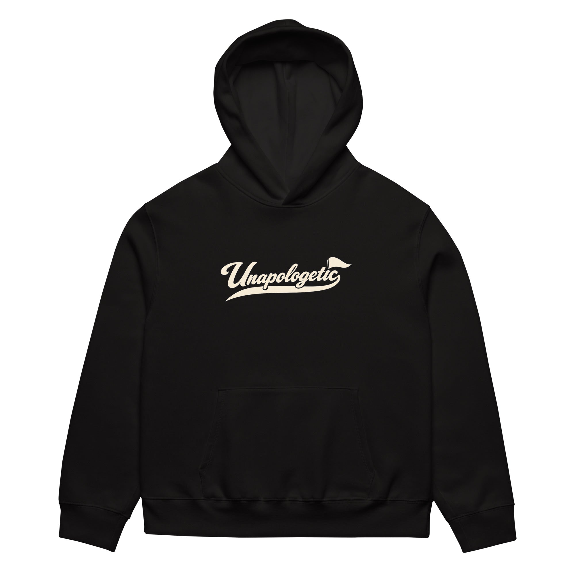 unisex streetwear hoodie front view with Unapologetic script logo

