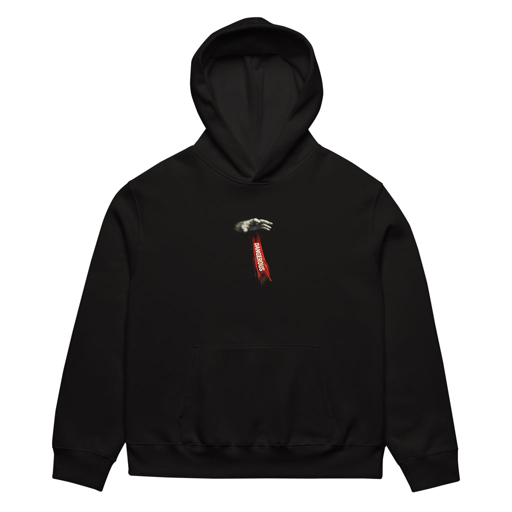 Black oversized hoodie front view with small vertical red chest logo detail