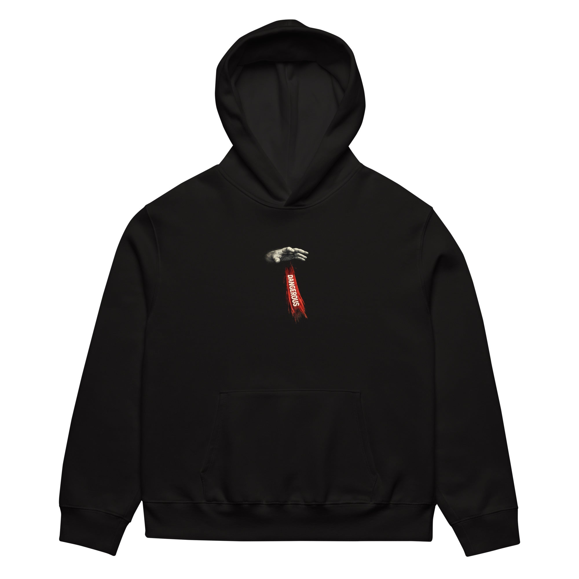 Black oversized hoodie front view with small vertical red chest logo detail