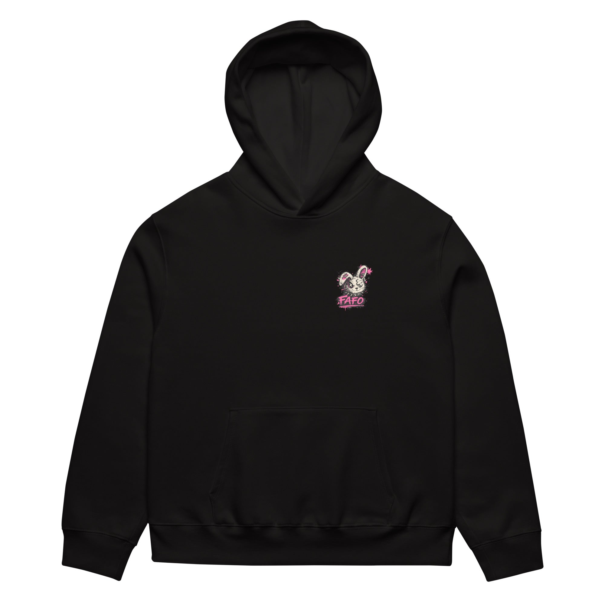 front view oversized black graphic streetwear hoodie minimal chest logo streetwear fashion