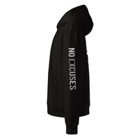 Black unisex oversized streetwear hoodie side view with “No Excuses” sleeve print.