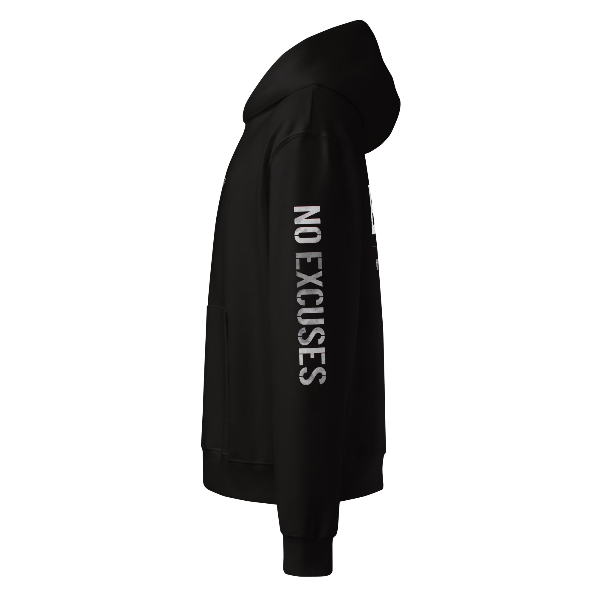 Black hoodie showing sleeve slogan print, left side view – urban streetwear style by Noiré.