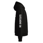 Black hoodie with vertical sleeve typography detail, right side view – premium streetwear by Noiré.