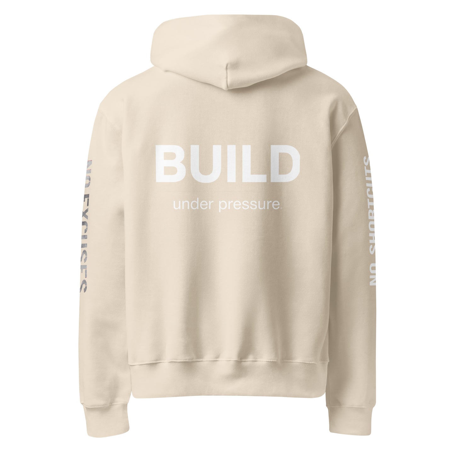 Dust unisex oversized hoodie with “Build Under Pressure” statement printed on back, streetwear hoodie back view.
