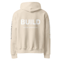 Dust unisex oversized hoodie with “Build Under Pressure” statement printed on back, streetwear hoodie back view.