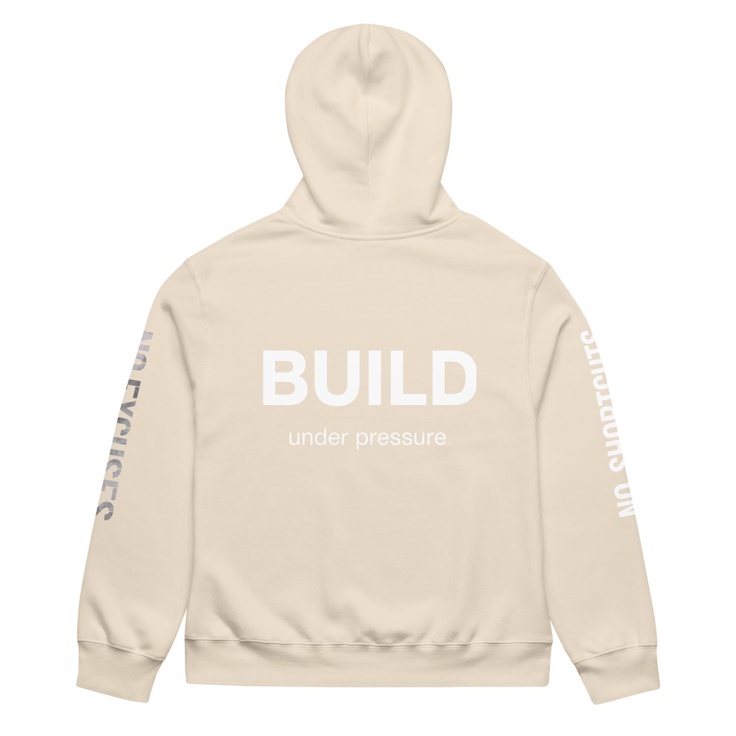 Dust unisex oversized hoodie with “Build Under Pressure” statement printed on back, streetwear hoodie back view.