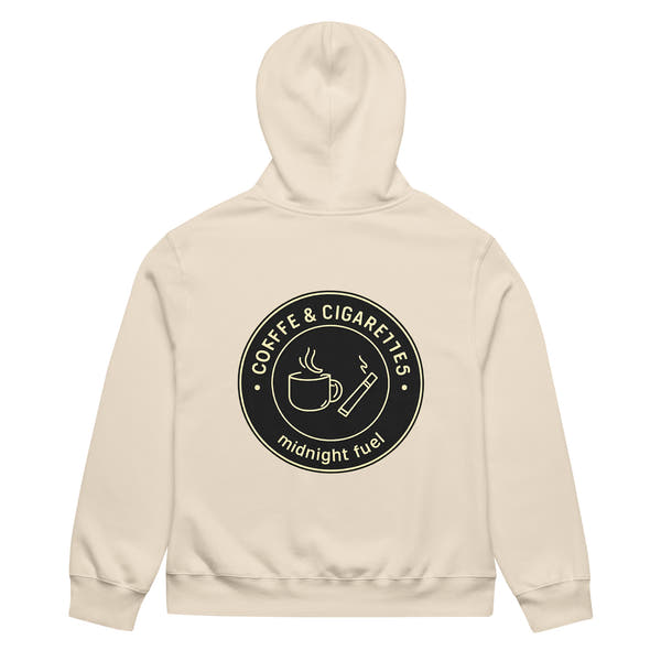 unisex streetwear hoodie back view with “Coffee & Cigarettes Midnight Club” circular graphic print
