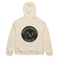 unisex streetwear hoodie back view with “Coffee & Cigarettes Midnight Club” circular graphic print
