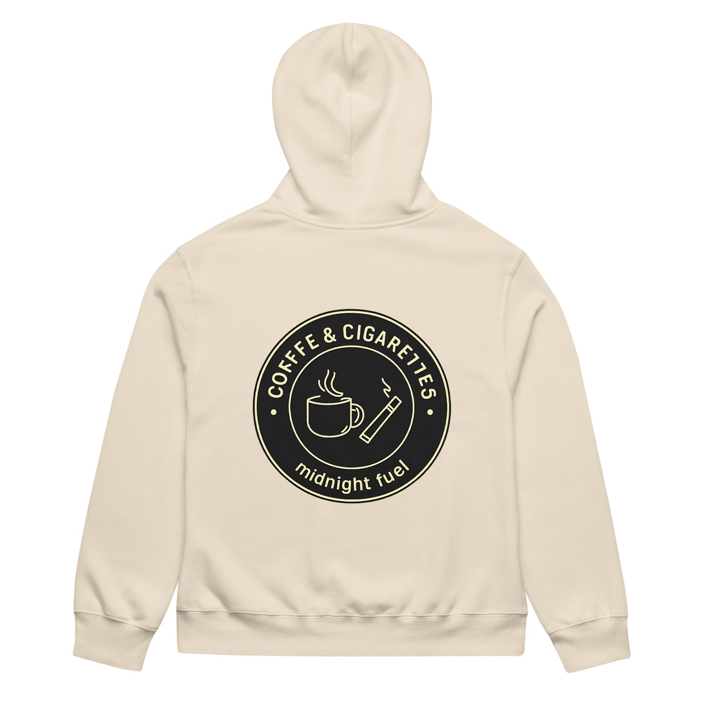 unisex streetwear hoodie back view with “Coffee & Cigarettes Midnight Club” circular graphic print
