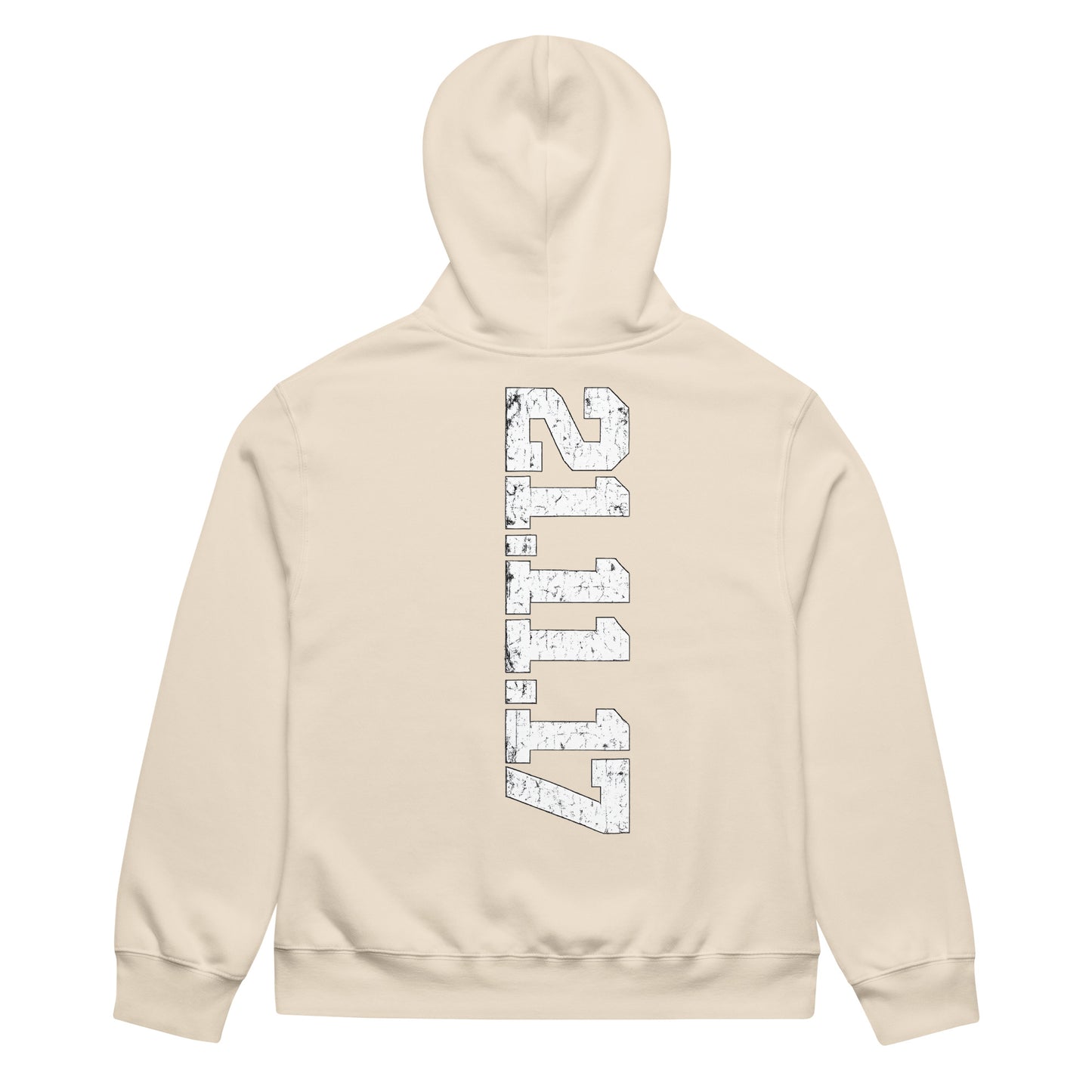 unisex hoodie back view with vertical “21.11.17” streetwear graphic print