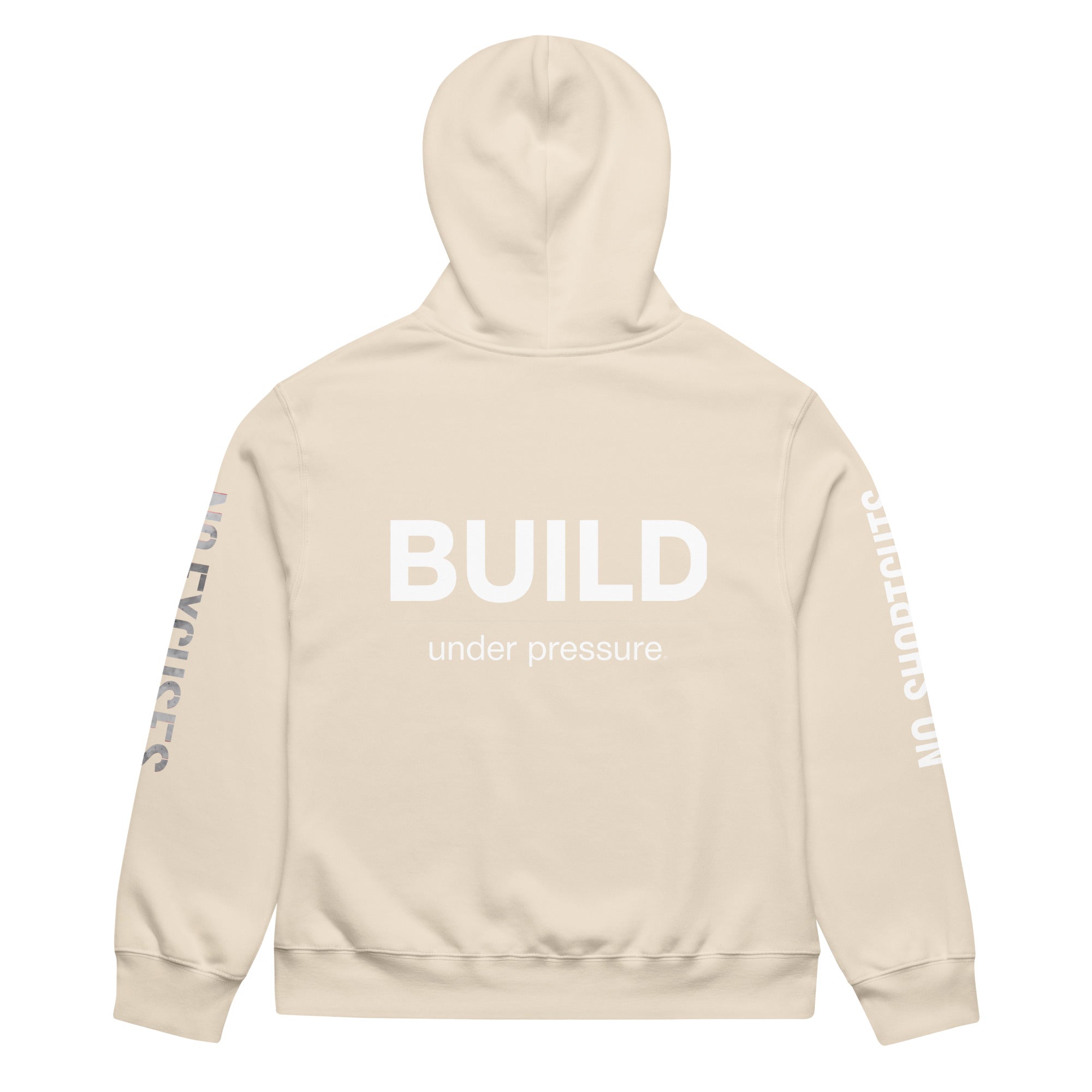 Beige hoodie featuring bold BUILD back print, rear view – modern statement hoodie by Noiré.