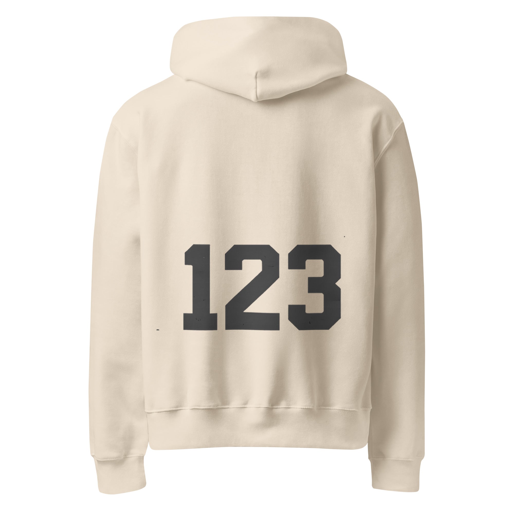Beige Noiré hoodie with bold “123” back print, rear view, oversized streetwear sweatshirt product image.