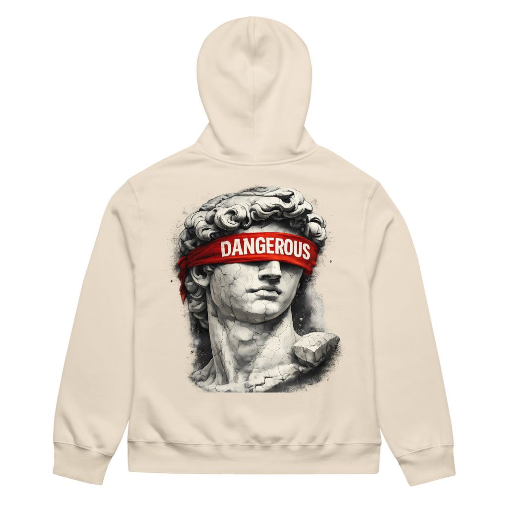 Beige oversized hoodie back view with large classical statue head graphic and statement streetwear design