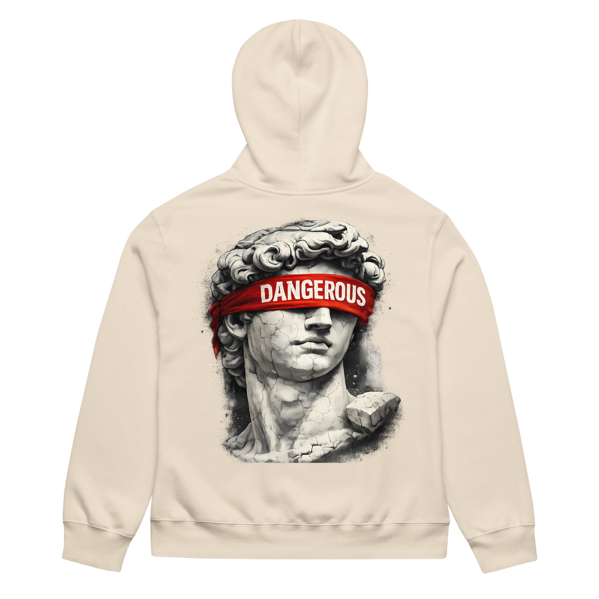 Beige oversized hoodie back view with large classical statue head graphic and statement streetwear design