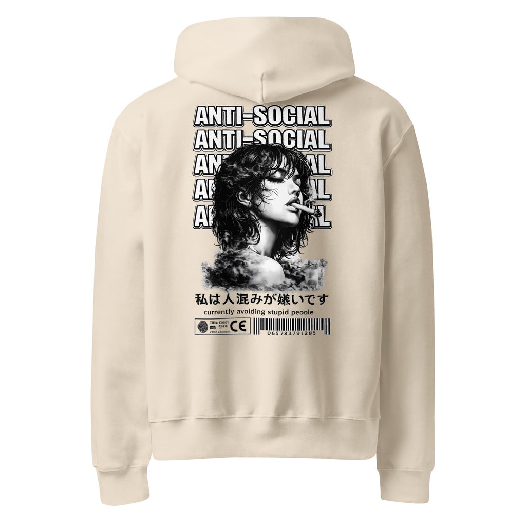 Oversized streetwear hoodie in dust with anti social graphic portrait print and typography design, back view