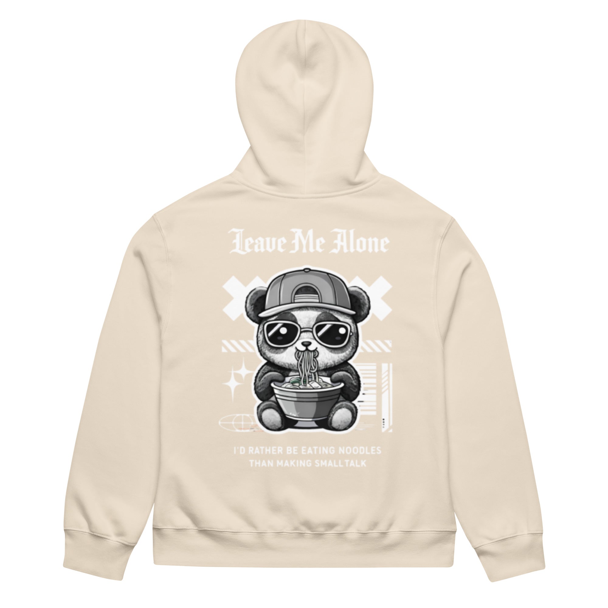 Dust oversized streetwear hoodie with panda eating noodles graphic and “Leave Me Alone – I’d rather be eating noodles than making small talk” back print, unisex casual sweatshirt