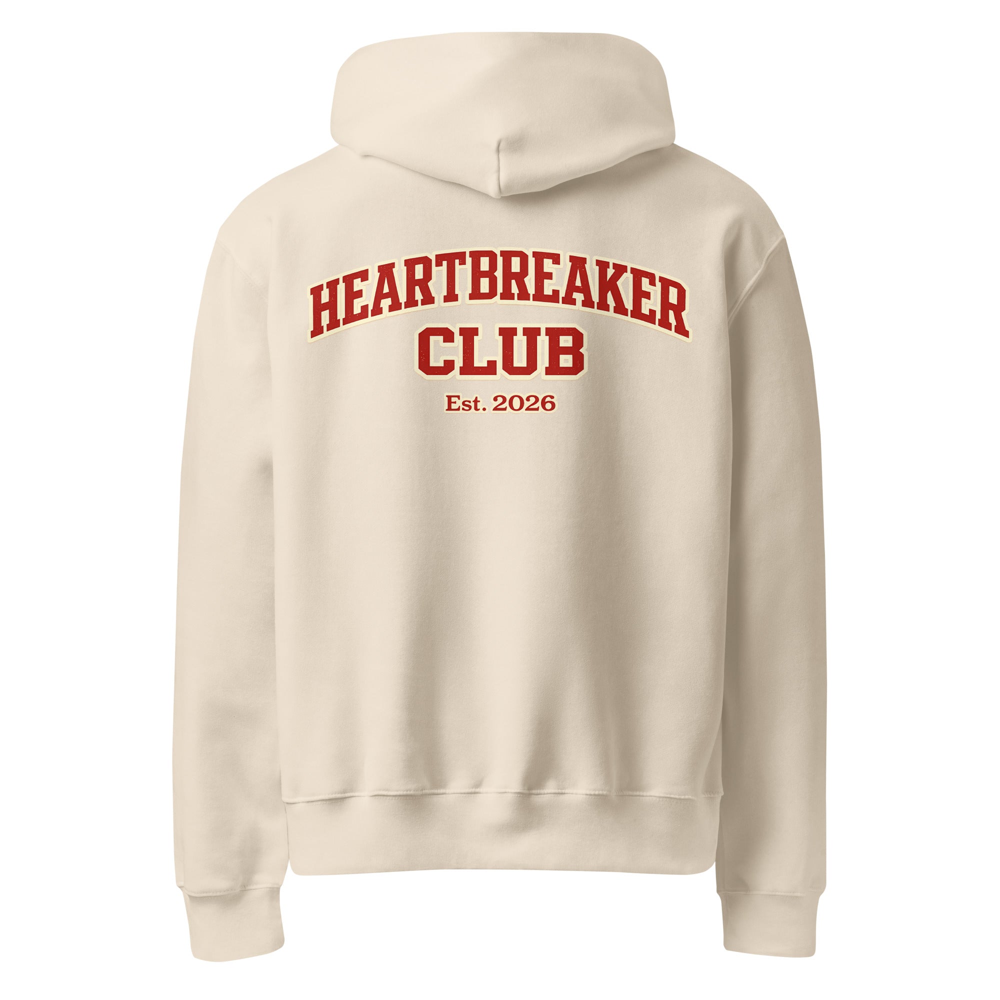 Beige hoodie featuring large Heartbreaker Club 14 varsity graphic with “Est. 2026” on back.