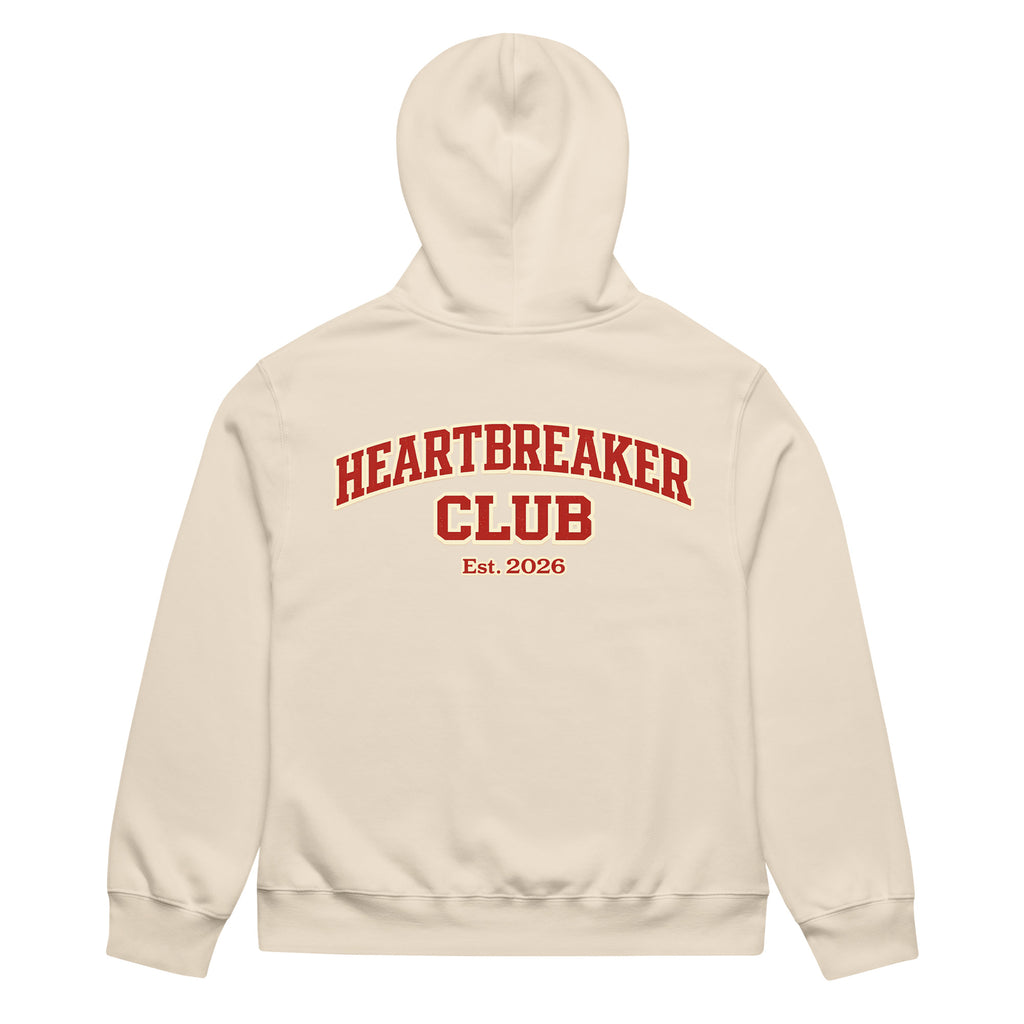 Beige hoodie featuring large Heartbreaker Club 14 varsity graphic with “Est. 2026” on back.