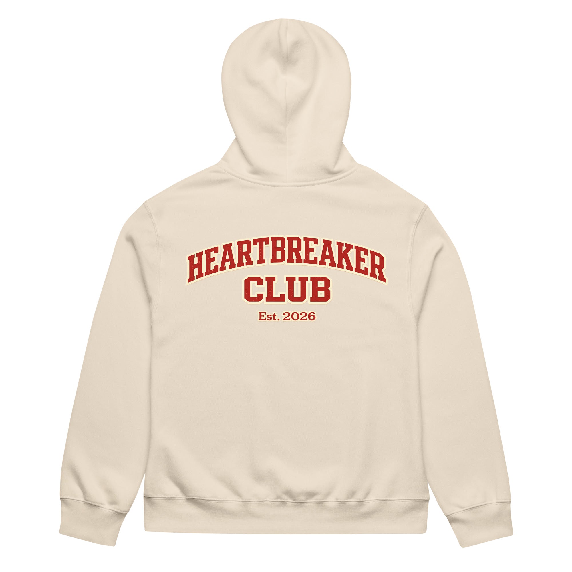Beige hoodie featuring large Heartbreaker Club 14 varsity graphic with “Est. 2026” on back.
