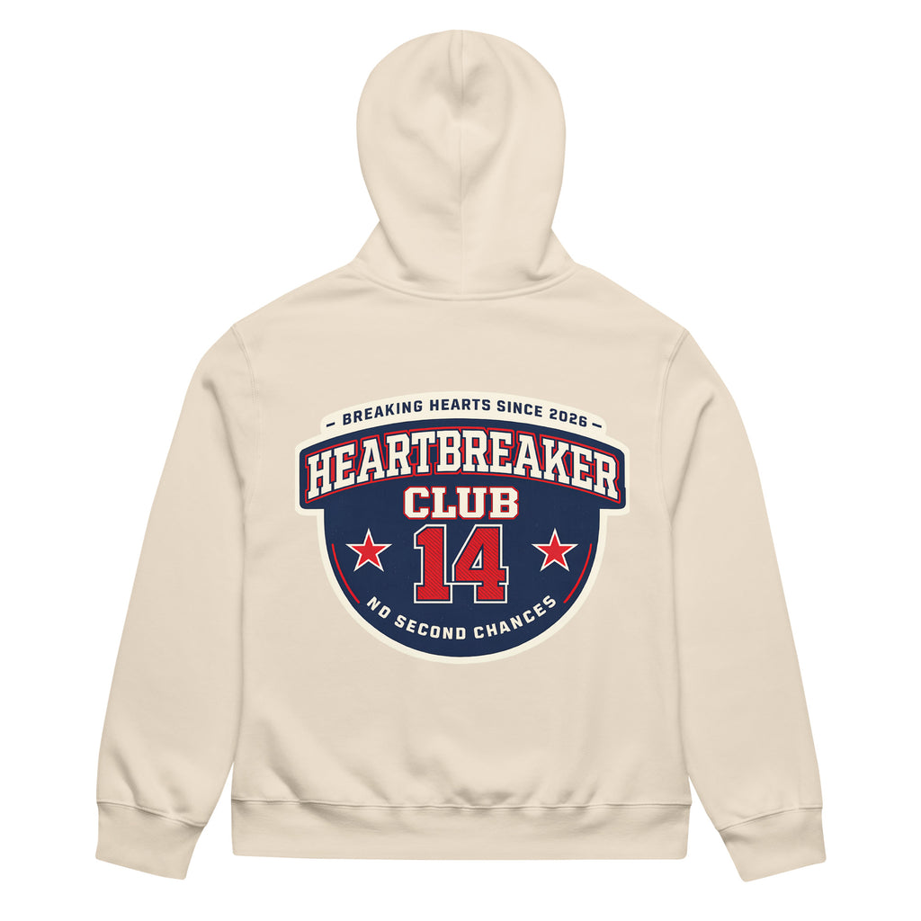 Dust hoodie back view featuring large “Heartbreaker Club 14” varsity emblem with red stars and text “Breaking Hearts Since 2026 – No Second Chances” in red, navy, and cream.
