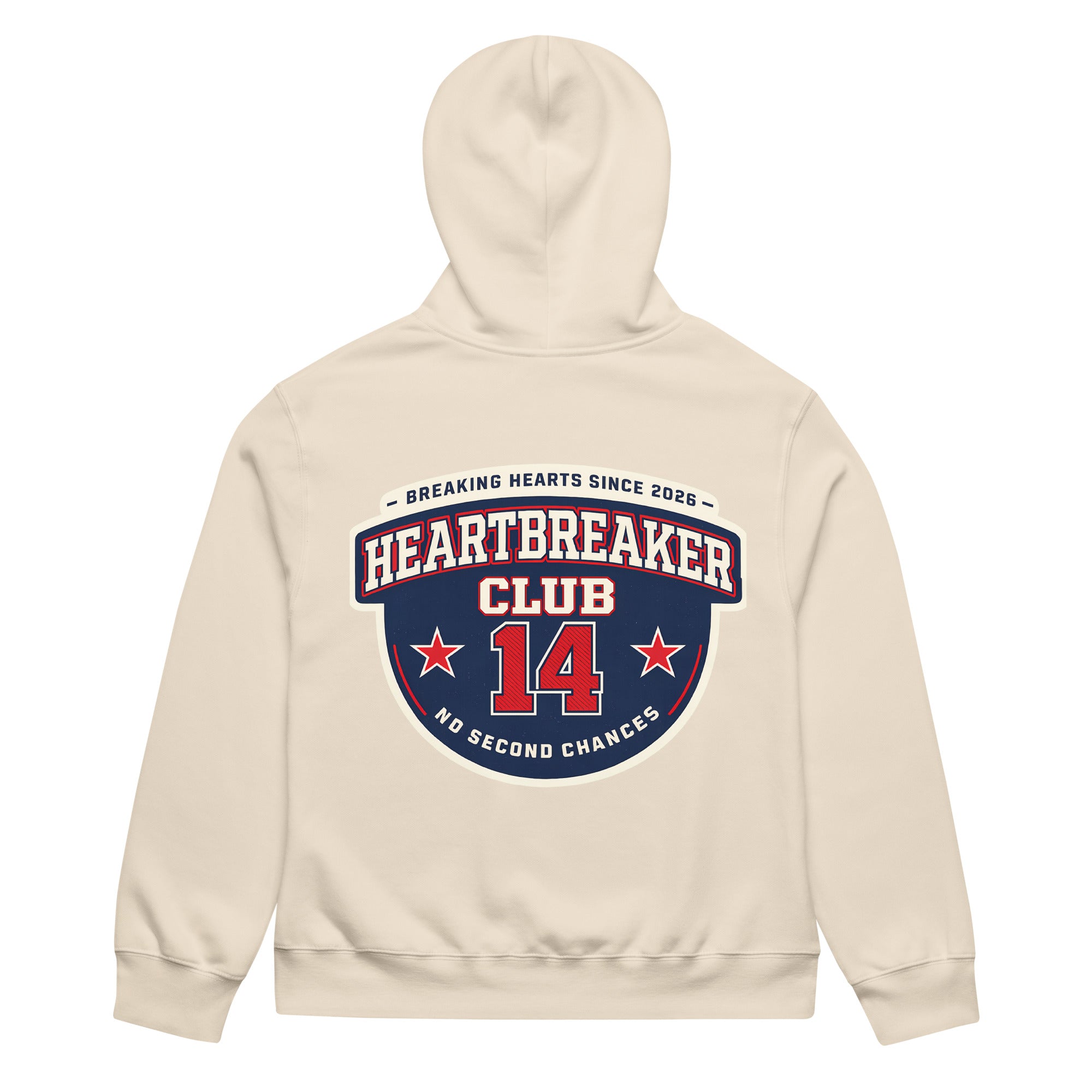 Dust hoodie back view featuring large “Heartbreaker Club 14” varsity emblem with red stars and text “Breaking Hearts Since 2026 – No Second Chances” in red, navy, and cream.