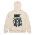 Sand beige women’s oversized hoodie with “Multiple Girl Personalities” back graphic design, women’s streetwear sweatshirt product image.