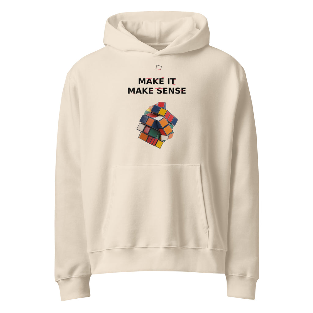 Oversized dust streetwear hoodie with make it make sense typography and colorful distorted cube graphic, front view