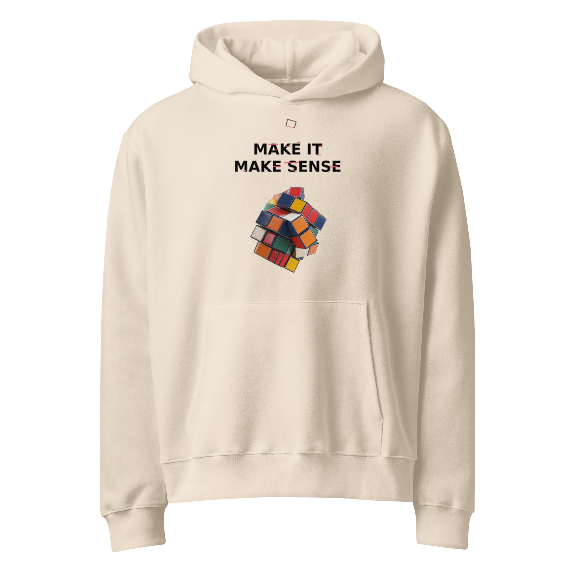 Oversized dust streetwear hoodie with make it make sense typography and colorful distorted cube graphic, front view