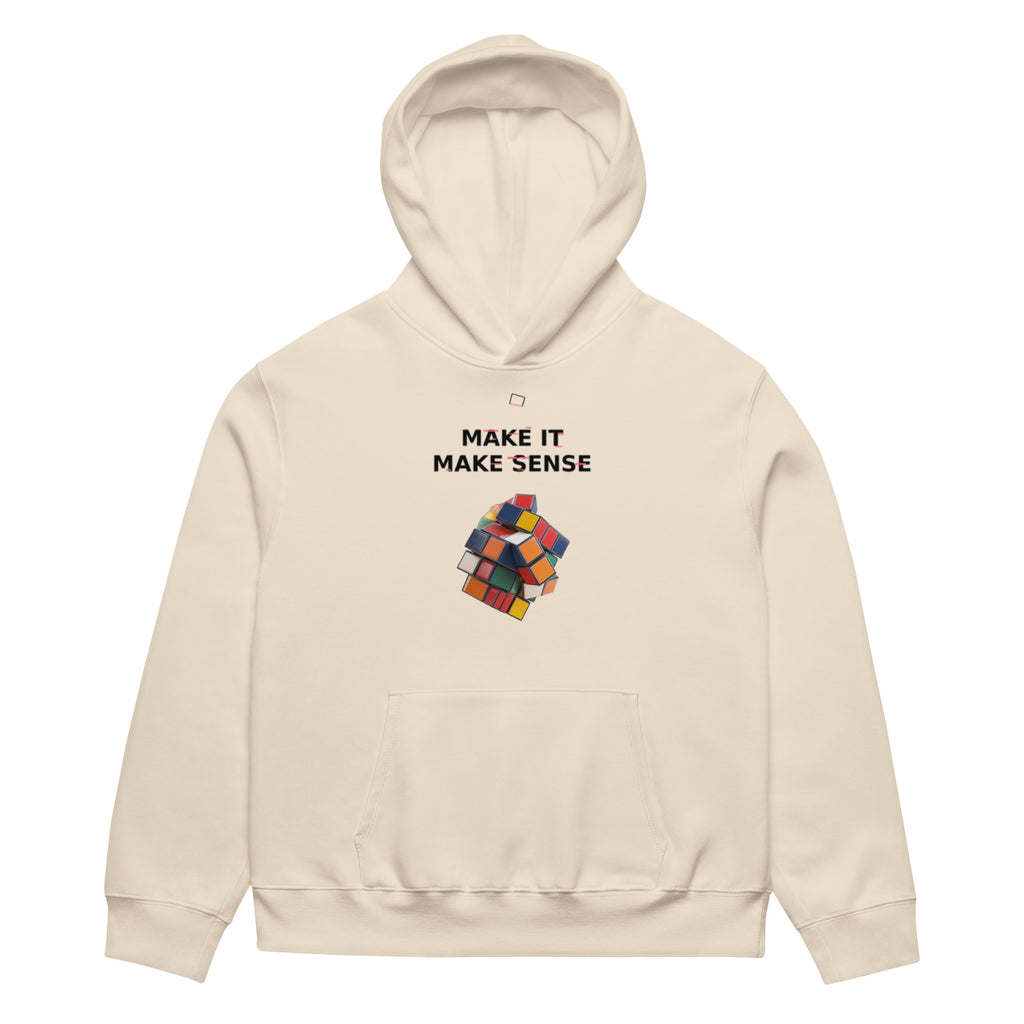 Oversized dust streetwear hoodie with make it make sense typography and colorful distorted cube graphic, front view