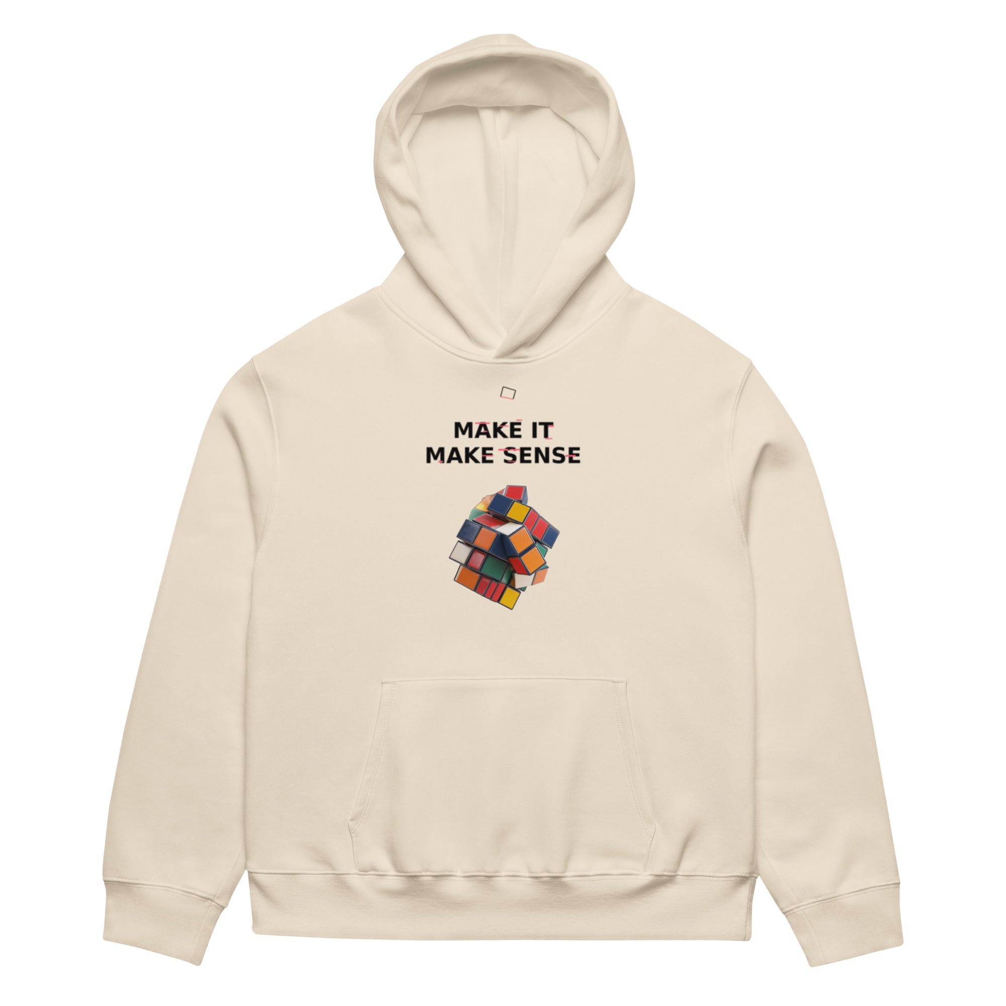 Oversized dust streetwear hoodie with make it make sense typography and colorful distorted cube graphic, front view