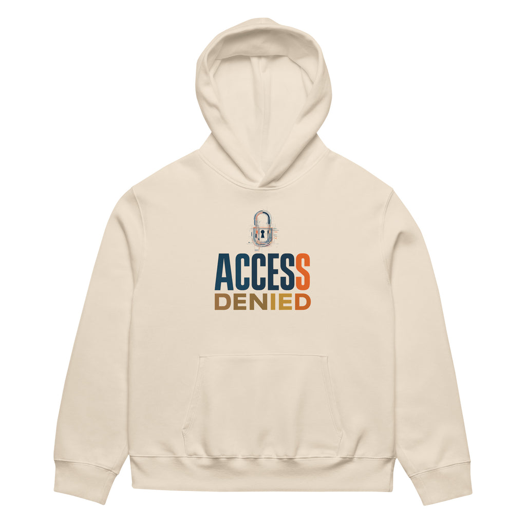 Beige oversized graphic hoodie front view with Access Denied typography