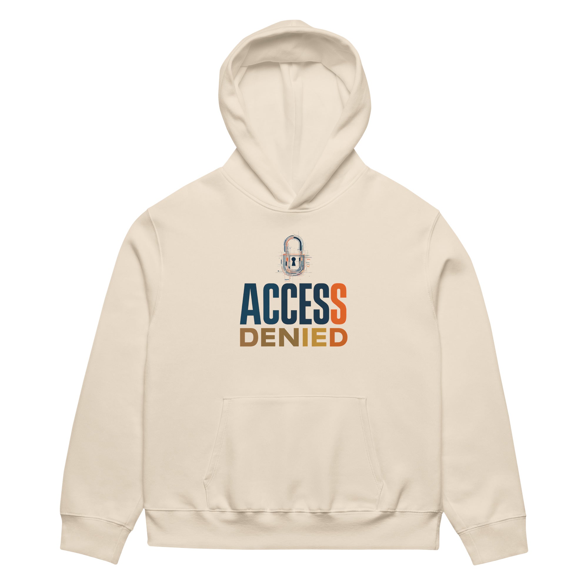 Beige oversized graphic hoodie front view with Access Denied typography