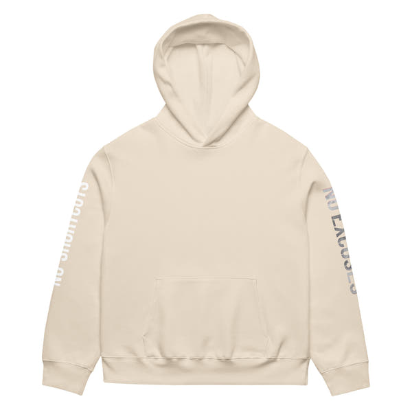 Dust unisex oversized streetwear hoodie front view with minimalist design and printed sleeves.