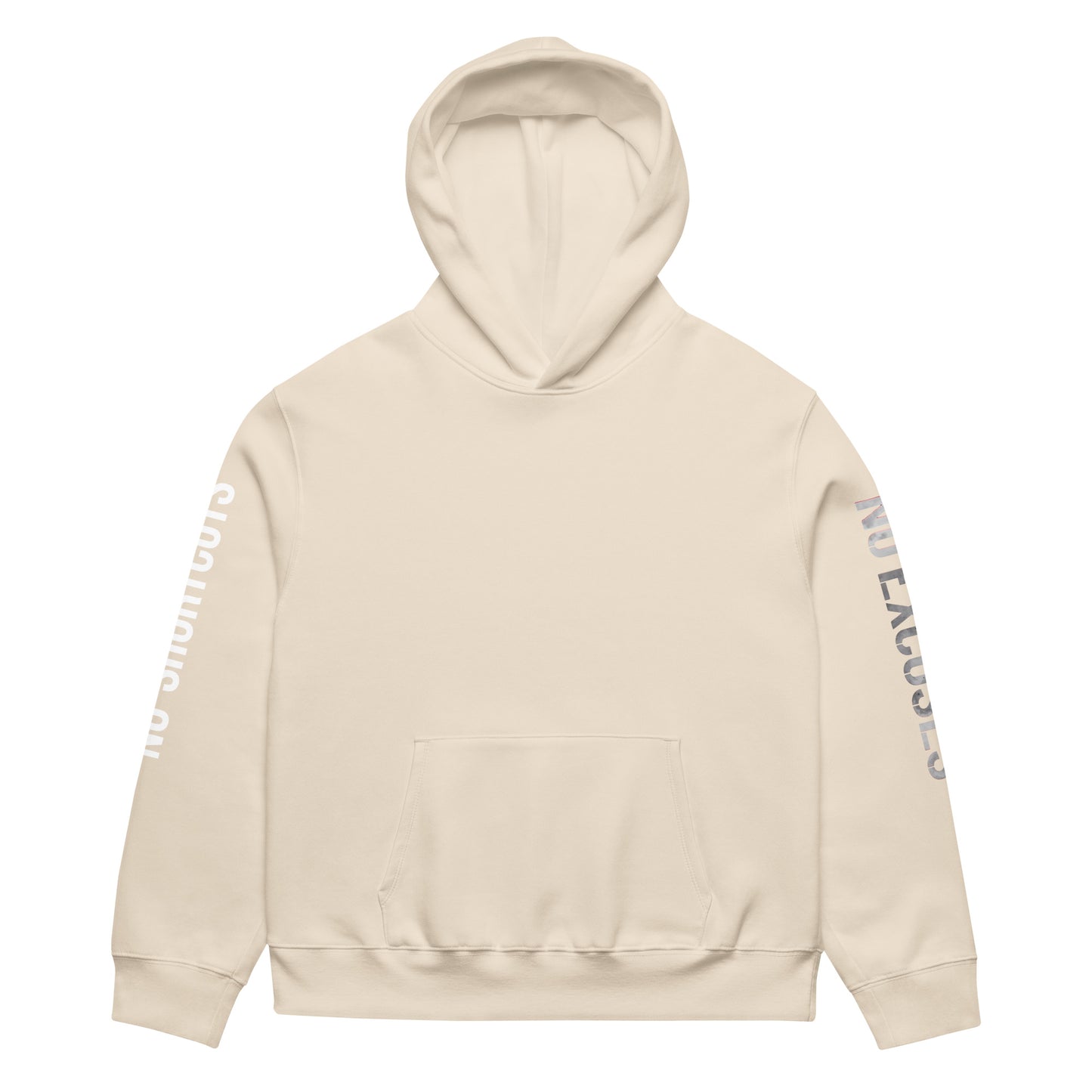 Dust unisex oversized streetwear hoodie front view with minimalist design and printed sleeves.