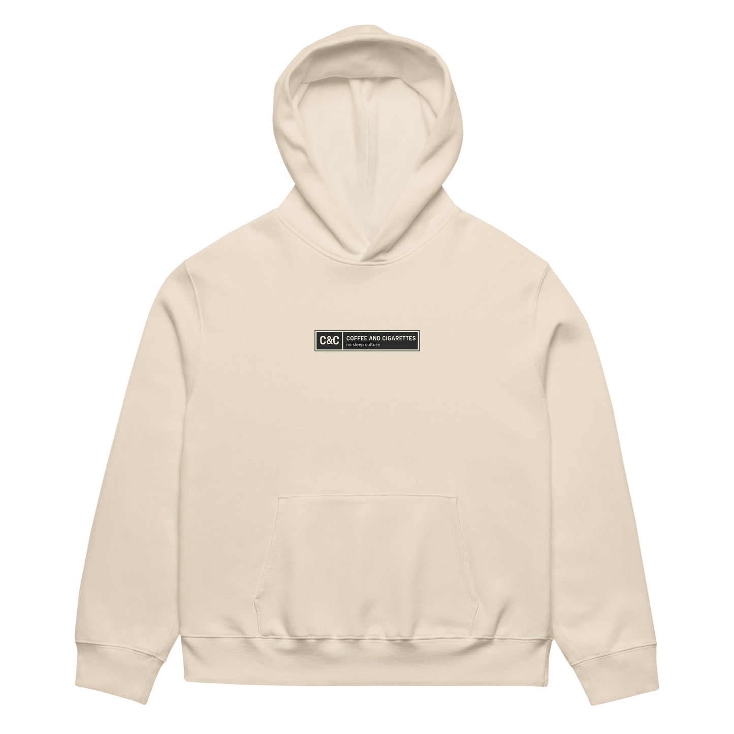 unisex streetwear hoodie front view with minimalist chest logo and coffee club typography design
