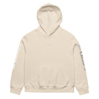 Beige hoodie with minimal front logo, soft neutral streetwear hoodie by Noiré.