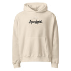 Beige Noiré hoodie featuring small “Apocalypse” chest print, front view, oversized streetwear hoodie mockup.