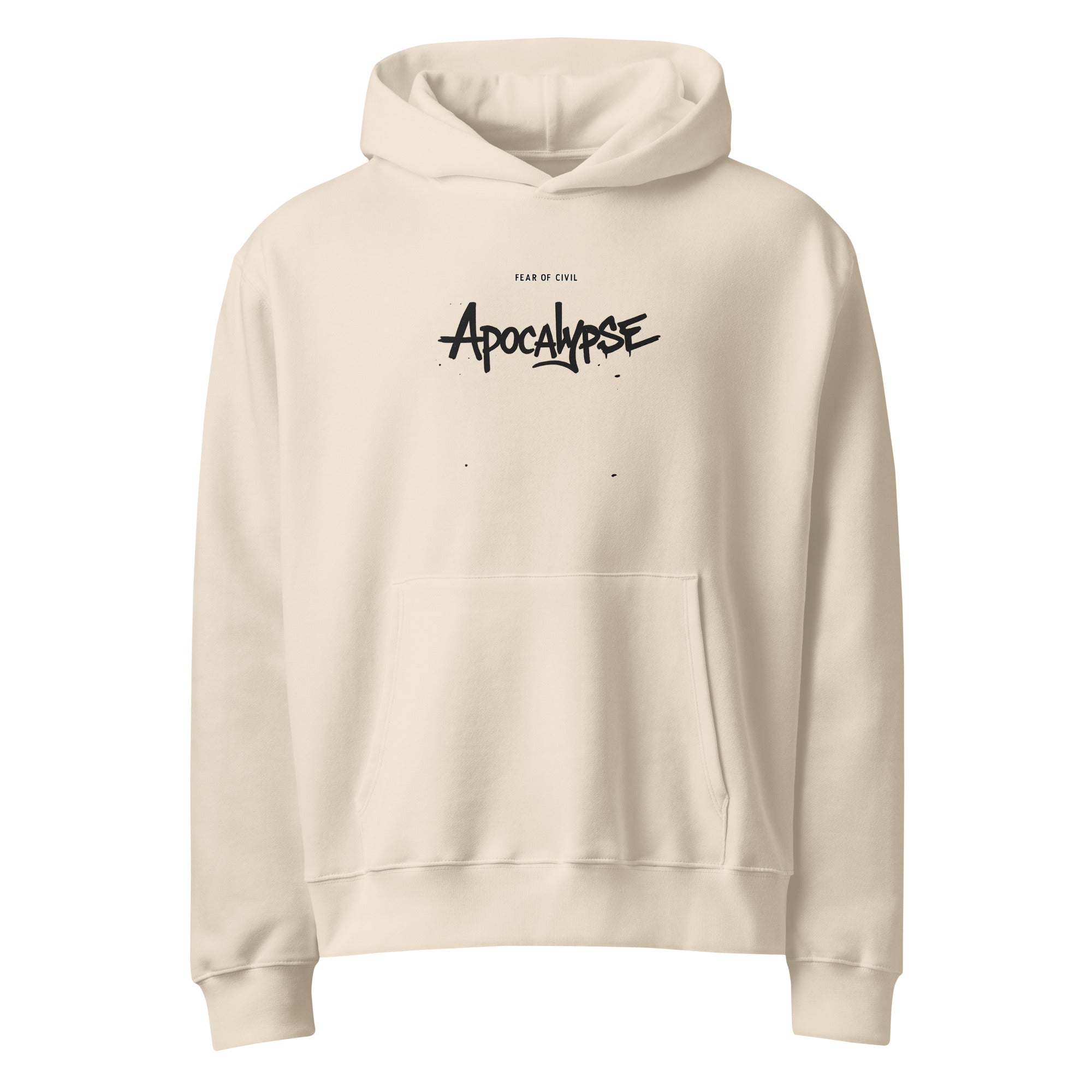 Beige Noiré hoodie featuring small “Apocalypse” chest print, front view, oversized streetwear hoodie mockup.