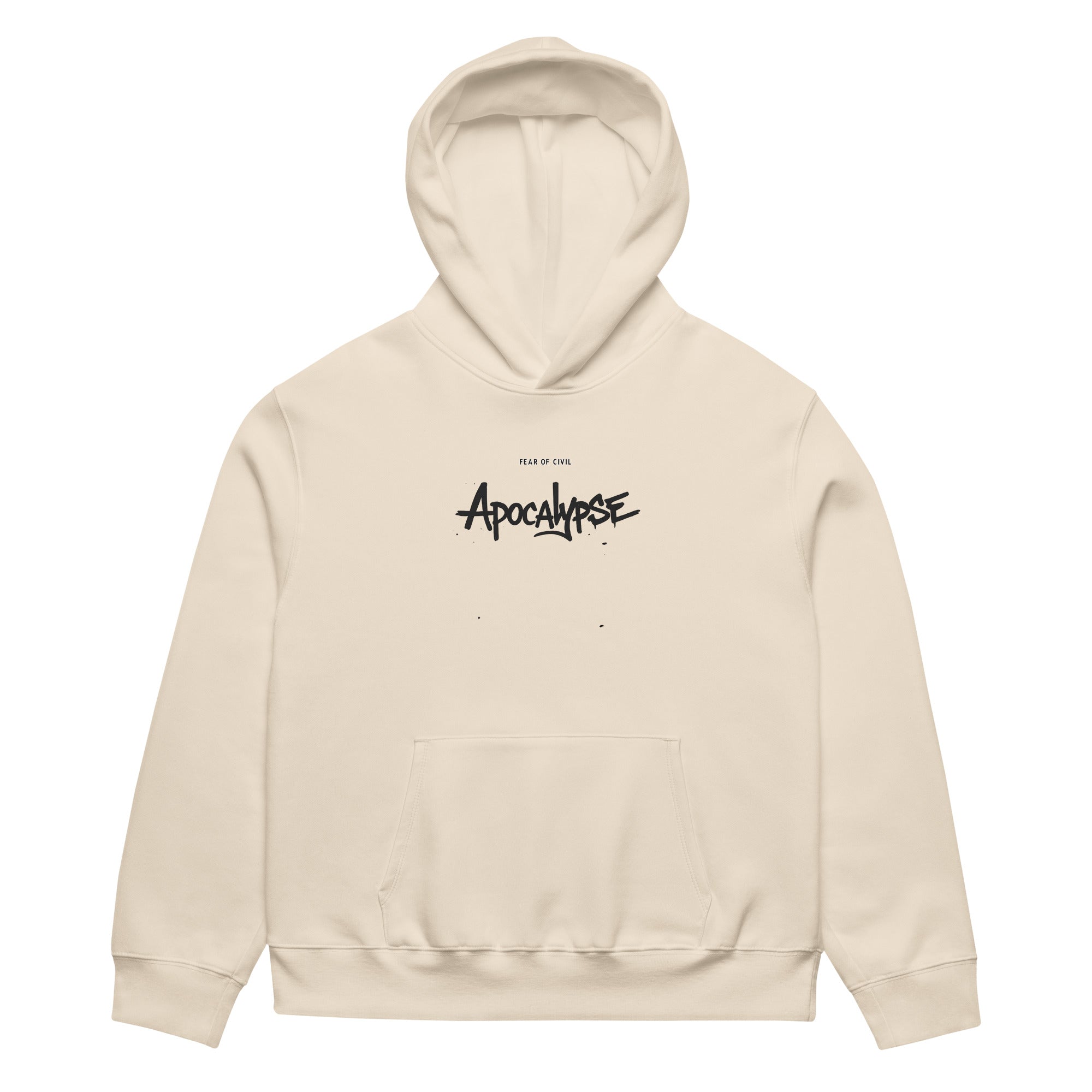 Beige Noiré hoodie featuring small “Apocalypse” chest print, front view, oversized streetwear hoodie mockup.