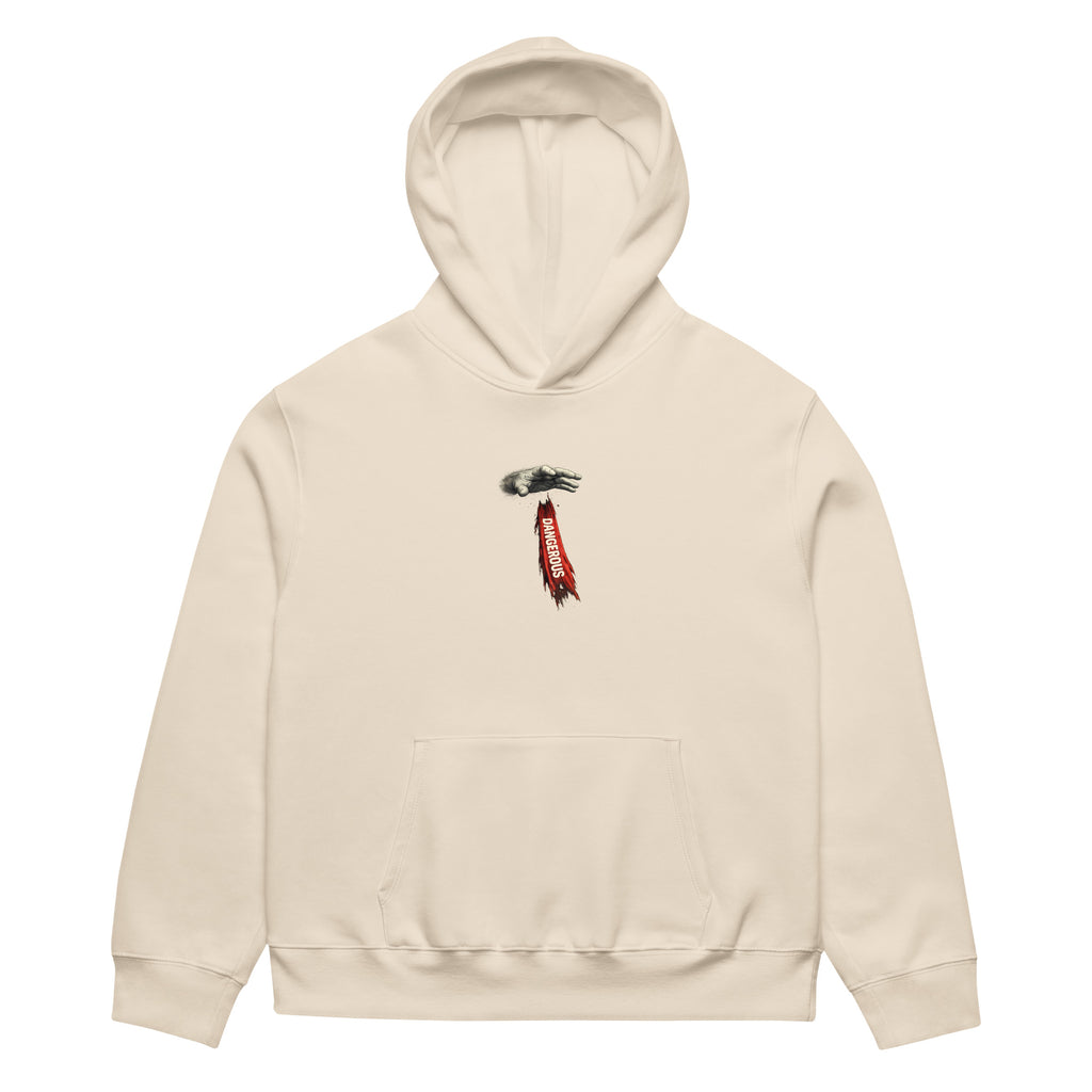 Beige oversized hoodie front view with small vertical red chest logo
