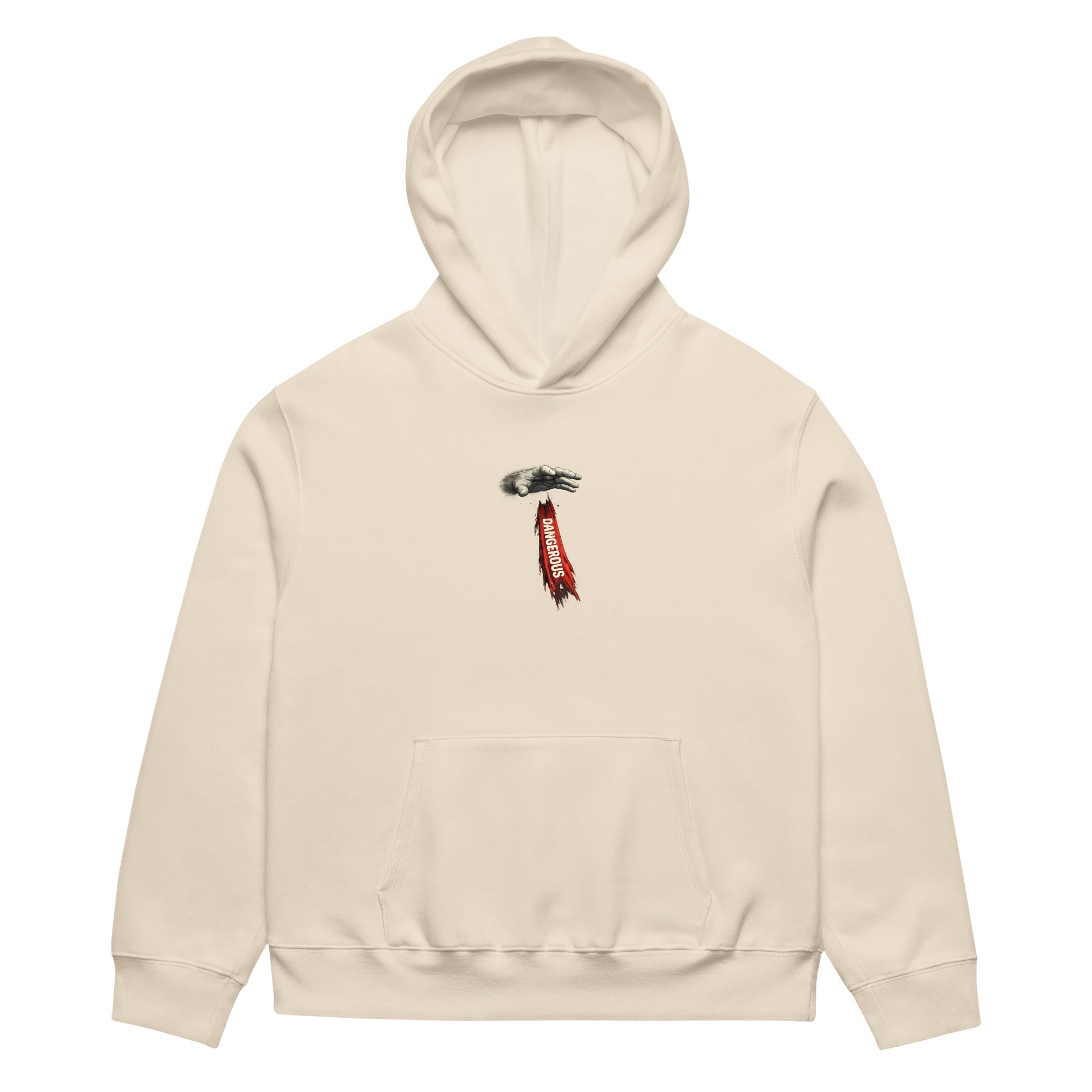 Beige oversized hoodie front view with small vertical red chest logo